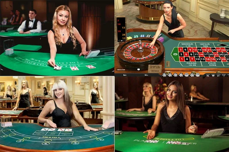 Suasana permainan meja live dengan tampilan dealer di layar